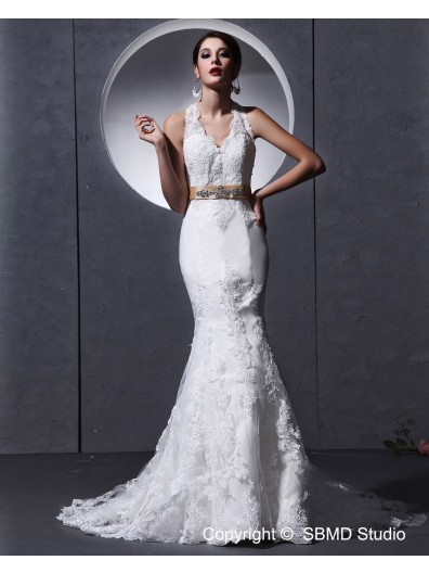 Applique / Lace / Sash / Beading Ivory Cathedral Sleeveless Halter Satin Mermaid Zipper Empire Wedding Dress