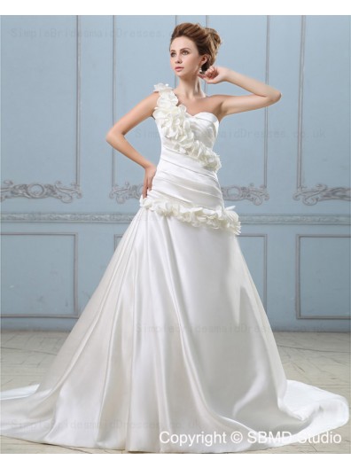 Sleeveless Dropped Court A-line Hand Made Flower / Ruffles One Shoulder Satin Zipper Ivory Wedding Dress
