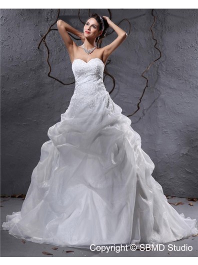 Sleeveless Ivory Empire Sweetheart Pleat / Applique / Beading Organza A-line Zipper Court Wedding Dress