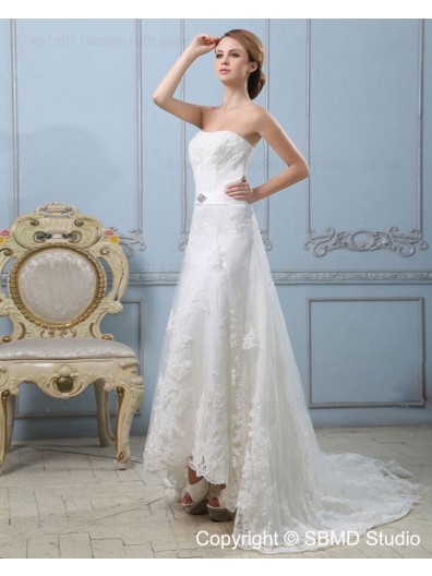 Strapless A-line Ivory Applique / Lace / Sash / Beading Sleeveless Natural Zipper Court Satin Wedding Dress