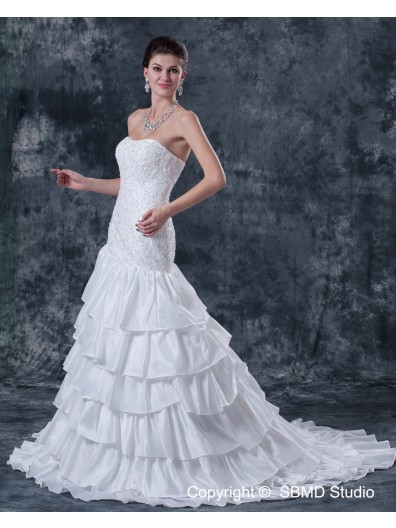 Dropped Ivory Sleeveless Lace Up Sweep Taffeta Strapless Mermaid Ruffles / Beading / Applique Wedding Dress