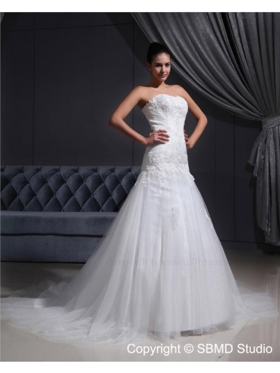 Strapless Sleeveless Lace Up Court Natural Ivory Beading A-line Satin / Tulle Wedding Dress