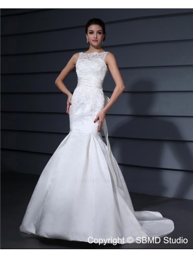 Applique / Beading / Bowknot Sleeveless Empire Bateau Zipper Lace / Satin Court Ivory Mermaid Wedding Dress