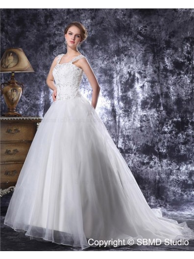 Chapel Square Zipper Beading / Applique Sleeveless A-Line / Ball Gown Ivory Organza / Lace Natural Wedding Dress