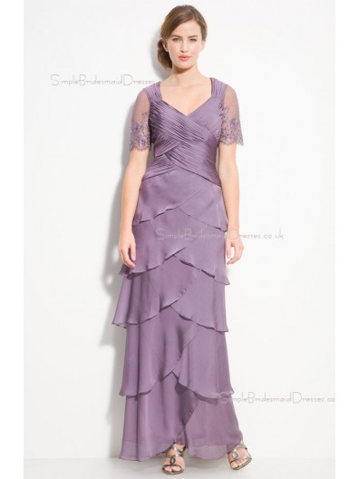 Chiffon Short-Sleeve A-line V-neck Zipper Bridesmaid Dress