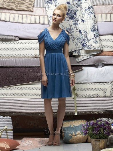 Blue Short-Sleeve A-line Draped/Ruffles Zipper Bridesmaid Dress