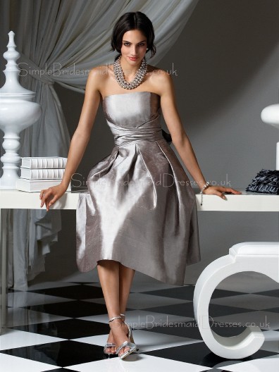 Bow/Draped/Ruffles Silver Sleeveless A-line Strapless Bridesmaid Dress