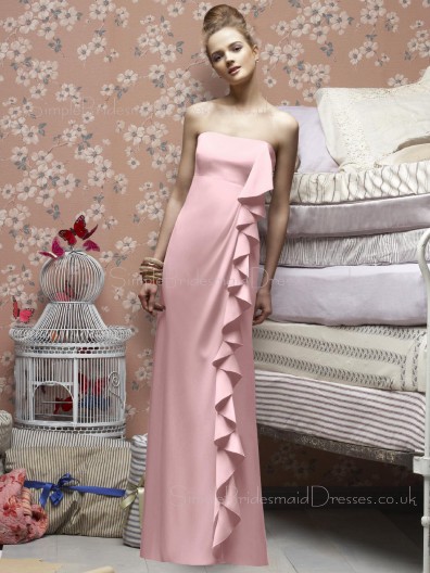 Pink Floor-length Ruffles Sheath Strapless Bridesmaid Dress