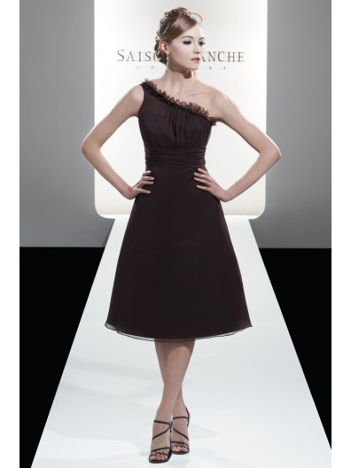 A-line Zipper Chocolate Ruffles One-Shoulder Bridesmaid Dress