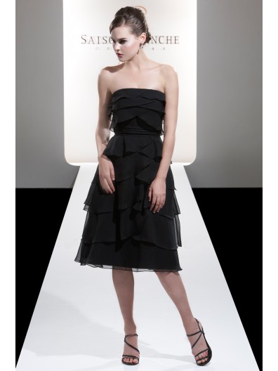 Sleeveless Black Tea-length Strapless Backless Bridesmaid Dress