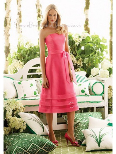 Tea-length Pink Taffeta Zipper Natural Bridesmaid Dress