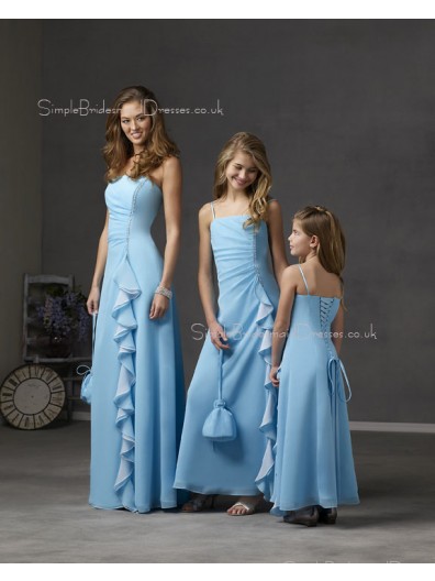 Light-Sky-Blue Floor-length Spaghetti-Straps Lace-up Chiffon Bridesmaid Dress