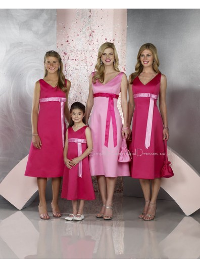 A-line Sleeveless Sash V-neck Satin Bridesmaid Dress