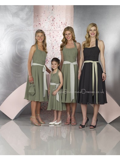 Natural Chiffon Sleeveless Black Tea-length Bridesmaid Dress