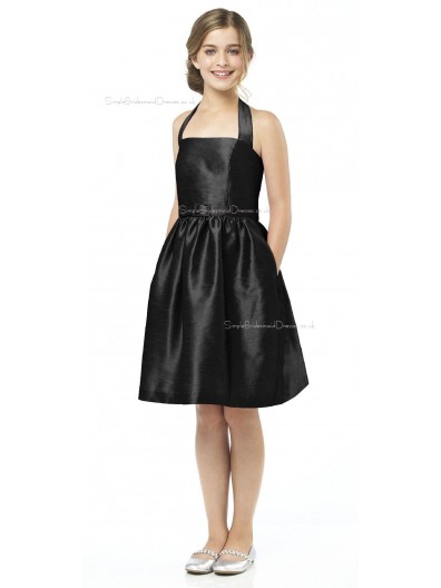 Halter A-line Satin Black Knee-length Junior Bridesmaid Dresses