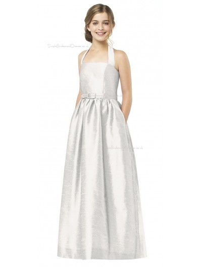 White Halter Satin A-line Floor-length Junior Bridesmaid Dresses