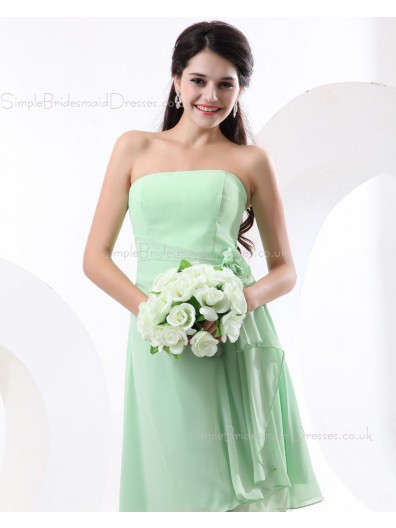 Flowers/Ruffles Zipper Sleeveless Knee-length Strapless Sage A-line Chiffon Natural Bridesmaid Dress