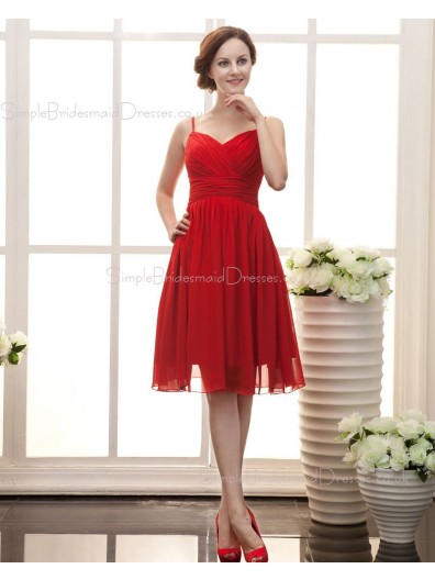 A-line Chiffon Ruffles/Draped Knee-length Sleeveless Spaghetti-Straps Zipper Red Natural Bridesmaid Dress