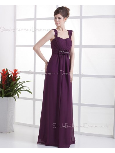 A-line Natural Grape Zipper Ruffles/Beading Chiffon Floor-length Sleeveless Straps Bridesmaid Dress