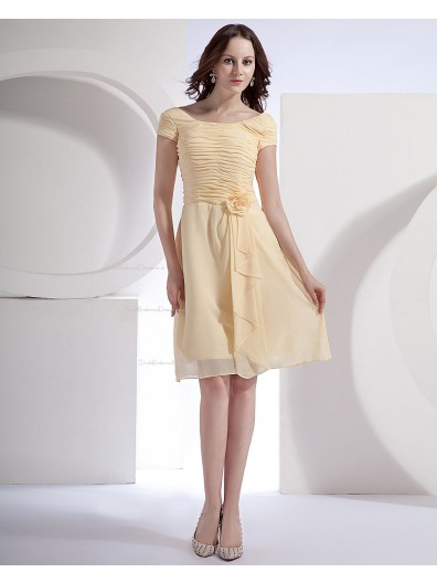 Short-Sleeve Daffodil Bateau Ruffles/Flowers A-line Knee-length Natural Zipper Chiffon Bridesmaid Dress