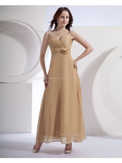 Champagne Natural Floor-length Ruffles/Flowers Zipper Spaghetti-Straps Chiffon Sleeveless A-line Bridesmaid Dress