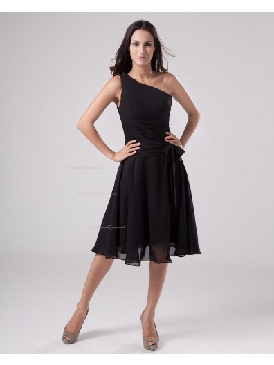 Ruffles/Sash A-line Sleeveless Knee-length Zipper Chiffon Natural Black One-Shoulder Bridesmaid Dress