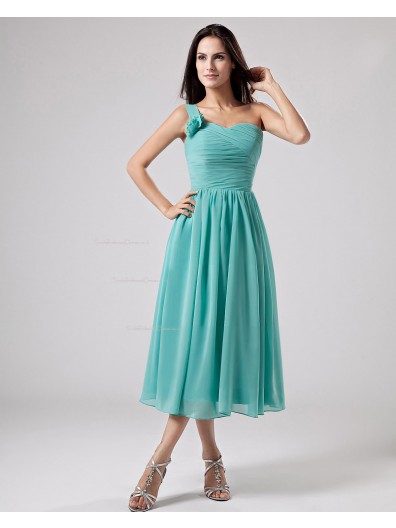 Zipper Natural One-Shoulder Ruffles/Flowers A-line Chiffon Pool Tea-length Sleeveless Bridesmaid Dress