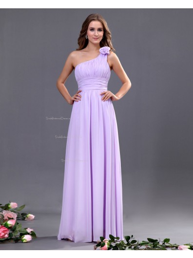 Lilac A-line Natural Sleeveless Zipper Ruffles/Draped/Flowers Floor-length Chiffon One-Shoulder Bridesmaid Dress