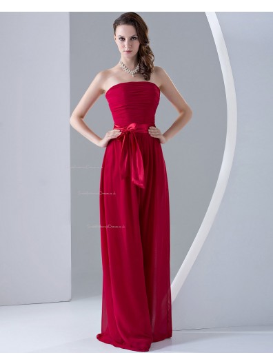 Natural Zipper Sleeveless A-line Ruffles/Sash/Bow Chiffon Strapless Burgundy Floor-length Bridesmaid Dress