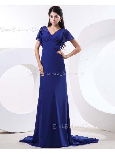 Natural A-line Short-Sleeve Royal-Blue V-neck Ruffles/Draped Chiffon Floor-length Zipper Bridesmaid Dress