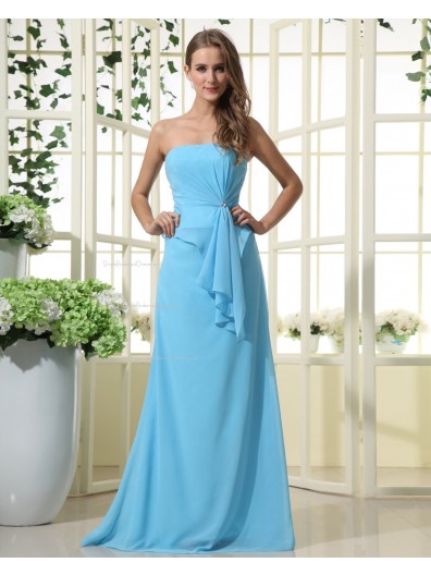 Chiffon Sleeveless Natural Floor-length Strapless Blue Ruffles/Tiered Zipper Sheath Bridesmaid Dress