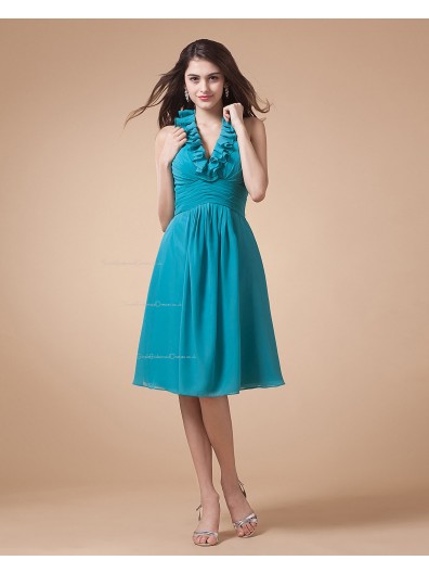 Chiffon Ruffles/Tiered Knee-length A-line Zipper Sleeveless Natural V-neck Blue Bridesmaid Dress