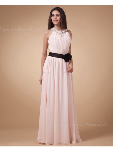 Ruffles/Flowers/Draped/Beading Sleeveless Halter Chiffon Natural Zipper A-line Floor-length Ivory Bridesmaid Dress