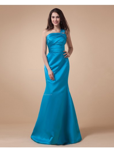 Ruffles/Tiered/Beading Sleeveless Blue Satin Floor-length Mermaid One-Shoulder Natural Zipper Bridesmaid Dress