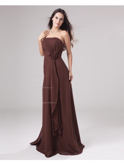 A-line Sleeveless Ruffles/Flowers/Draped Strapless Natural Floor-length Chiffon Zipper Chocolate Bridesmaid Dress