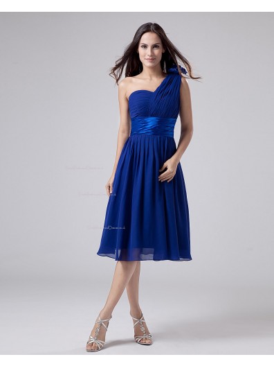 One-Shoulder A-line Chiffon Knee-length Natural Ruffles/Sash/Flowers Zipper Royal-Blue Sleeveless Bridesmaid Dress