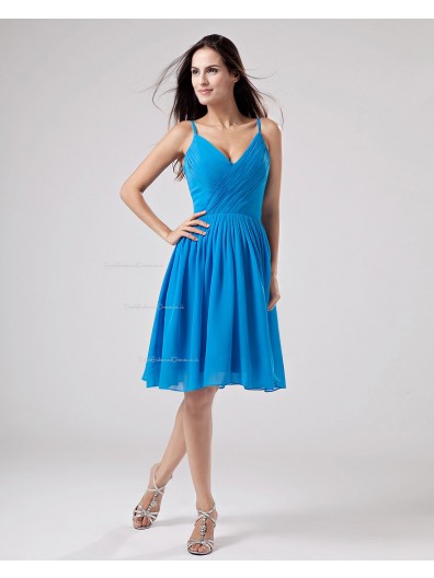 Spaghetti-Straps Chiffon Zipper Ruffles Knee-length Natural A-line Blue Sleeveless Bridesmaid Dress