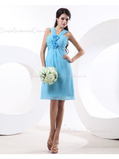 Zipper Chiffon V-neck Knee-length Sleeveless Blue A-line Natural Ruffles/Flowers Bridesmaid Dress