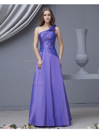 Floor-length Sleeveless A-line Lilac Ruffles/Flowers Zipper Natural Taffeta One-Shoulder Bridesmaid Dress