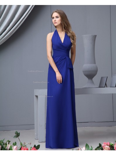Sleeveless V-neck Chiffon Zipper Natural Royal-Blue Ruffles/Bow Floor-length A-line Bridesmaid Dress