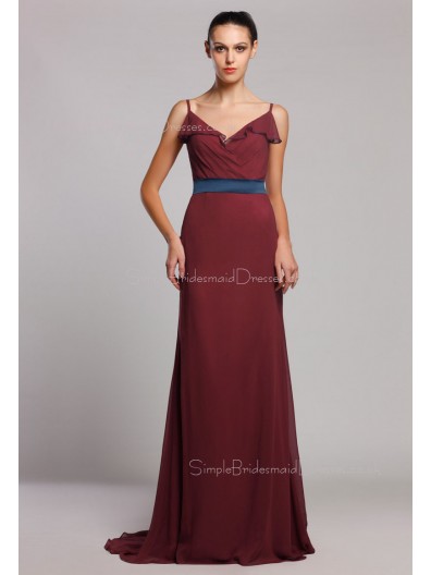 Spaghetti-Straps Tiered/Ruffles/Sash Sleeveless Satin Mermaid Zipper Floor-length Natural Ruby Bridesmaid Dress