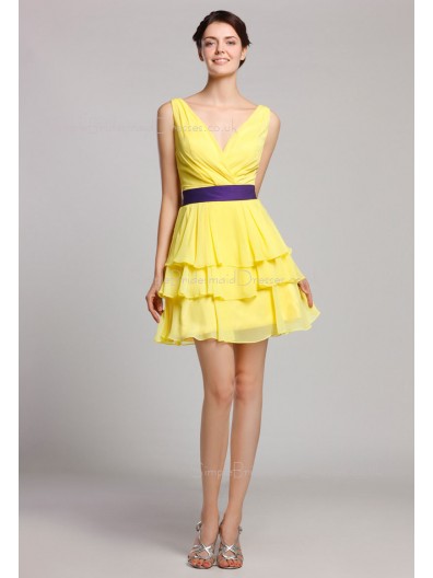 V-neck Natural Daffodil Zipper Tiered/Ruffles/Sash Mini Sleeveless Short-length Chiffon Bridesmaid Dress