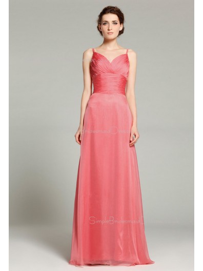 Zipper Spaghetti-Straps Floor-length Chiffon Sleeveless A-line Natural Watermelon Ruffles Bridesmaid Dress