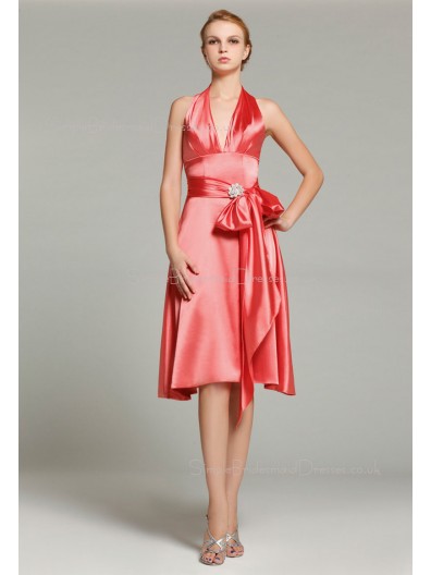 Ruffles/Sash Knee-length Watermelon Zipper Natural V-neck Elastic-Satin A-line Sleeveless Bridesmaid Dress