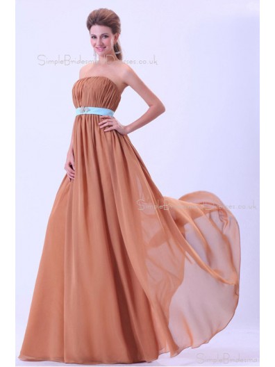 Sleeveless Natural Knee-length Brown Chiffon Ruffles/Sash/Drapes A-line Zipper Strapless Bridesmaid Dress