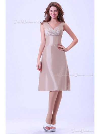 A-line Natural Taffeta Ivory Ruffles Knee-length V-neck Zipper Sleeveless Bridesmaid Dress