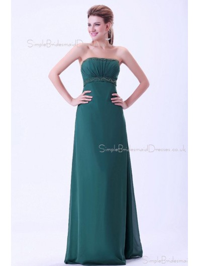 Dark-Green Floor-length Sleeveless Empire Zipper Ruffles/Beading Sheath Chiffon Strapless Bridesmaid Dress