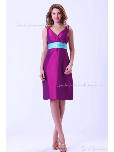 Ruffles/Sash Grape Natural Sleeveless Knee-length Taffeta Zipper Mini V-Neck Bridesmaid Dress