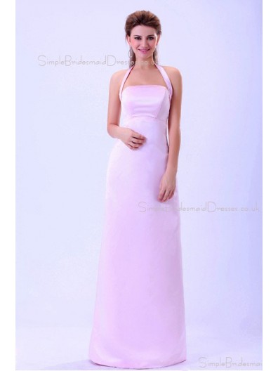 Ruffles/Sash Zipper Sleeveless Halter Satin A-line Natural Floor-length Pink Bridesmaid Dress