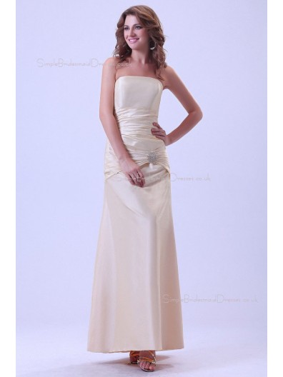 Sleeveless Satin Floor-length Up Ruffles Lace Champagne Strapless Sheath Natural Bridesmaid Dress